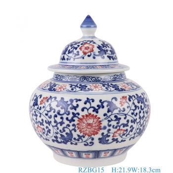 RZBG15    青花釉里红缠枝莲将军坛茶叶罐，  高21.9直径18.3口径底径11.1重量1.65KG