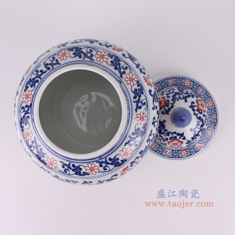 青花釉里红缠枝莲将军坛茶叶罐俯视图