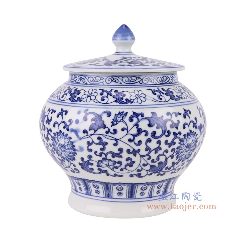 青花缠枝莲茶叶罐侧面图