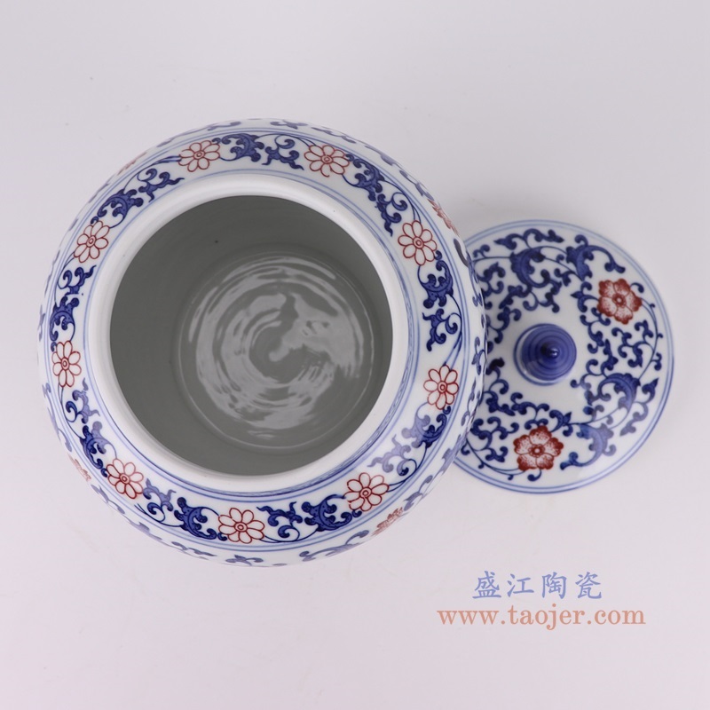 青花釉里红缠枝莲茶叶罐俯视图