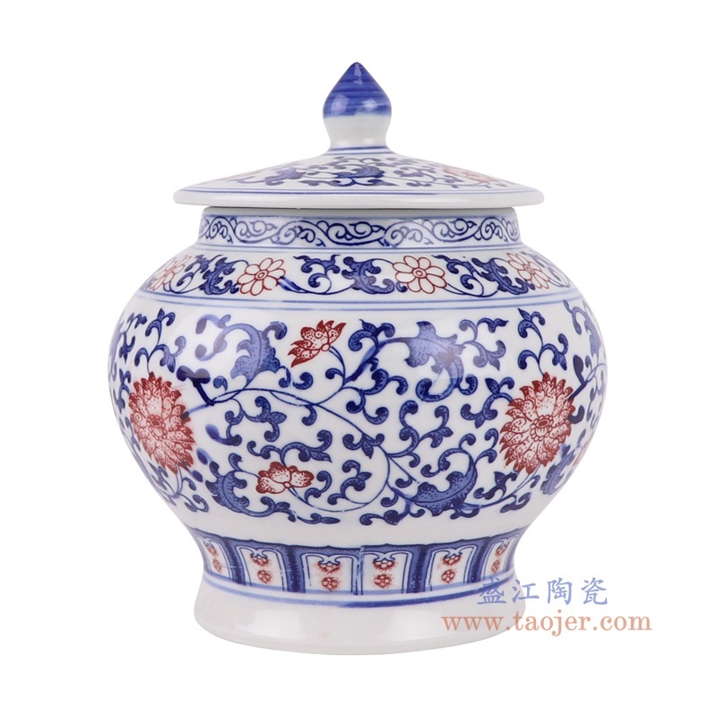 青花釉里红缠枝莲茶叶罐侧面图