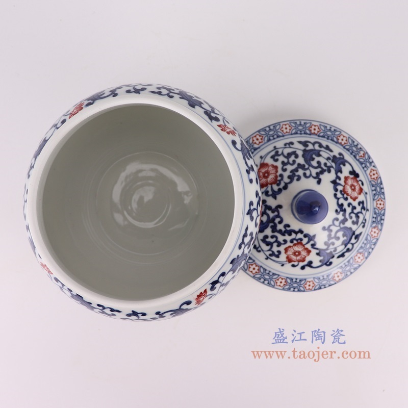 青花釉里红缠枝莲茶叶罐俯视图
