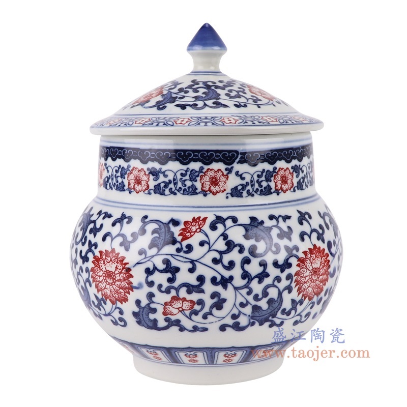 青花釉里红缠枝莲茶叶罐侧面图