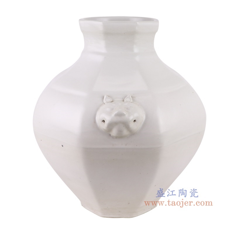 白色狮子头耳八面大罐 侧面图