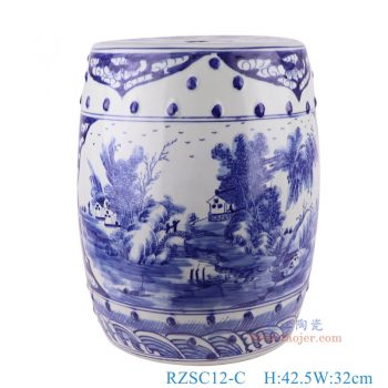 RZSC12-C     青花山水鼓凳凉墩     高42.5直径32口径9.2底径25.5重量10KG