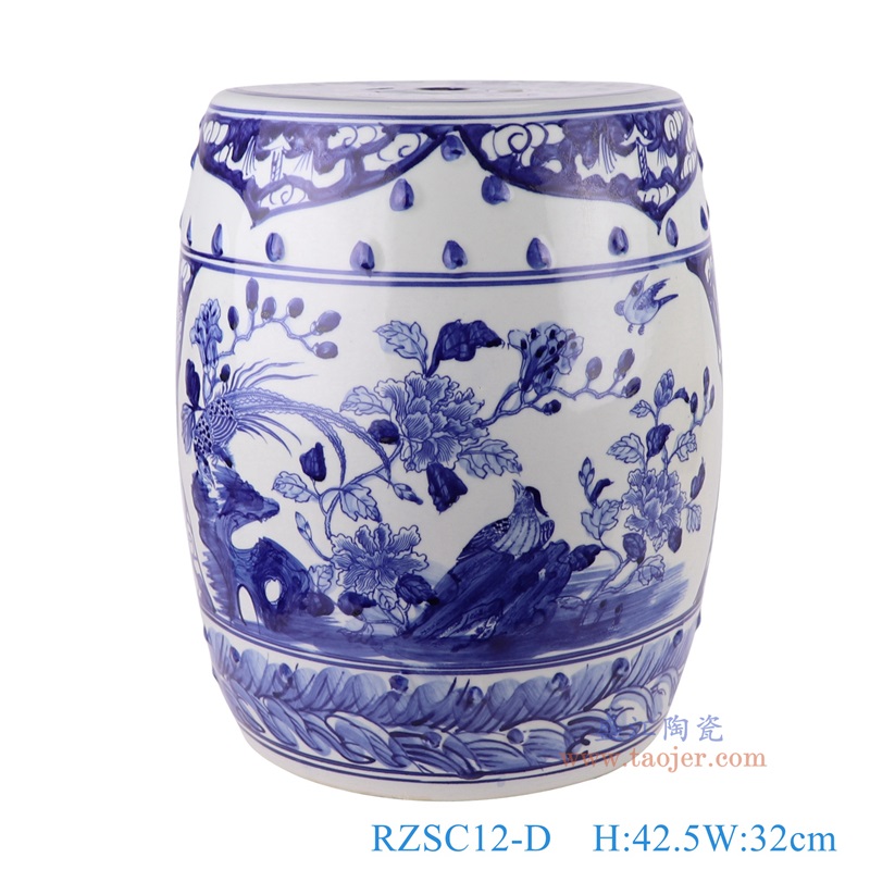 青花开窗锦鸡花鸟鼓凳凉墩侧面图