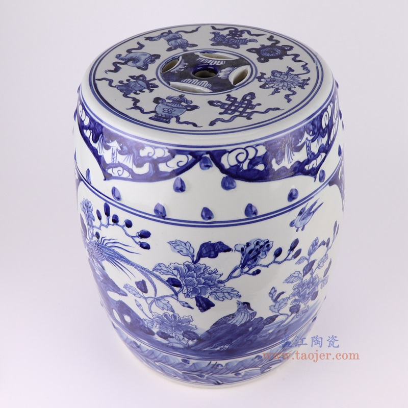青花开窗锦鸡花鸟鼓凳凉墩俯视图