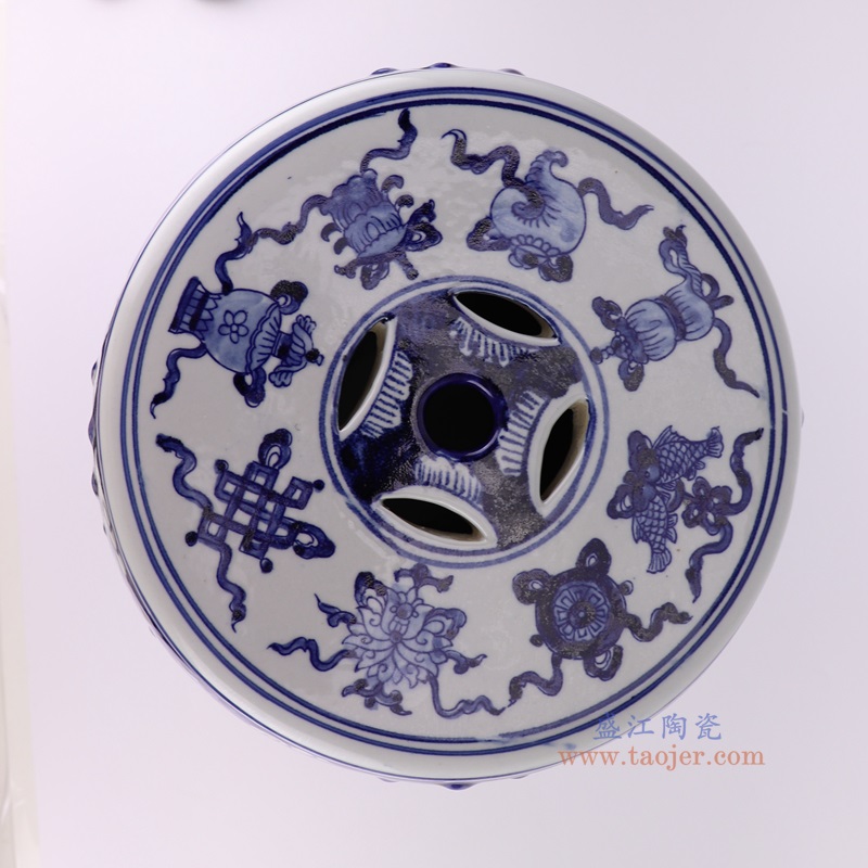 青花开窗锦鸡花鸟鼓凳凉墩顶部图