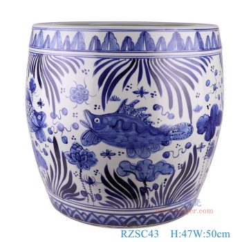 RZSC43    青花鱼藻纹大缸，   高47直径50口径22底径重量25KG
