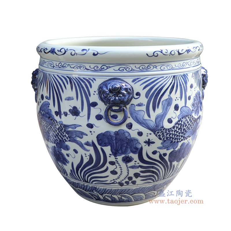 青花鱼藻纹狮子耳大缸侧面图