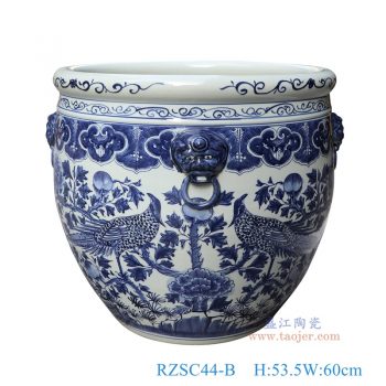 RZSC44-B    青花锦鸡花鸟狮子耳大缸，    高53.5直径60口径8.1底径重量KG