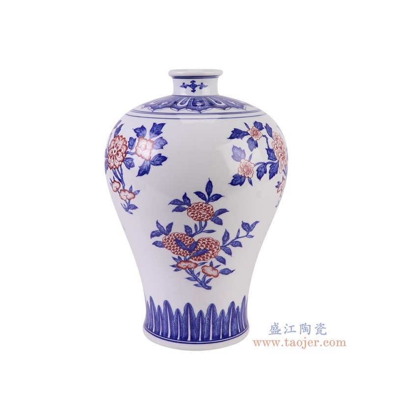 青花釉里红花叶纹梅瓶侧面图