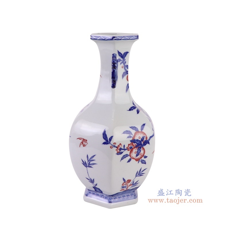 RZKD40-A青花石榴纹六方双耳瓶底部青花石榴纹六方双耳瓶侧视图