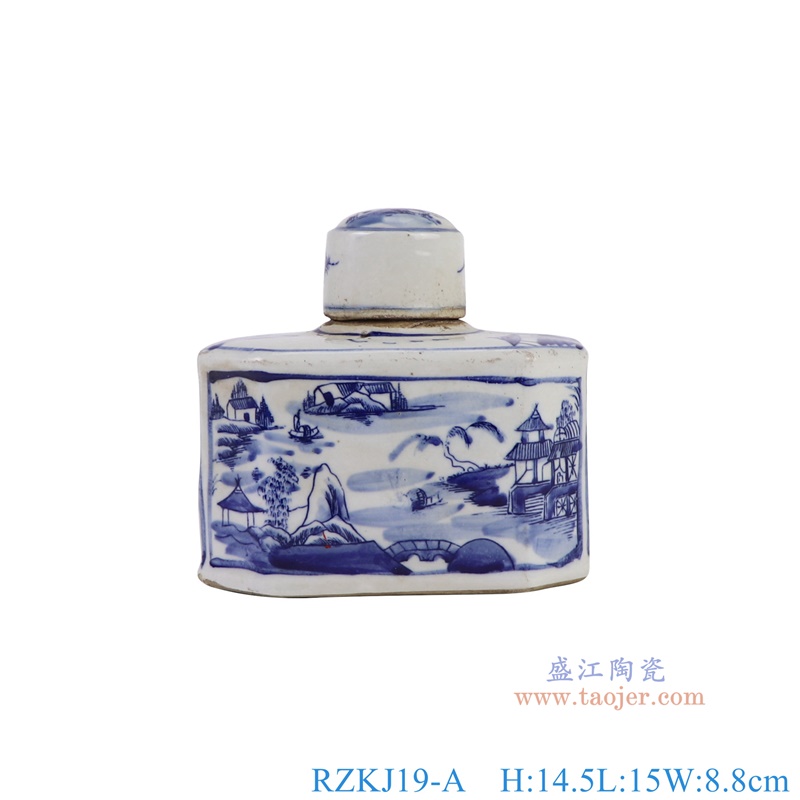 RZKJ19-A青花山水六面扁肚盖罐正面图