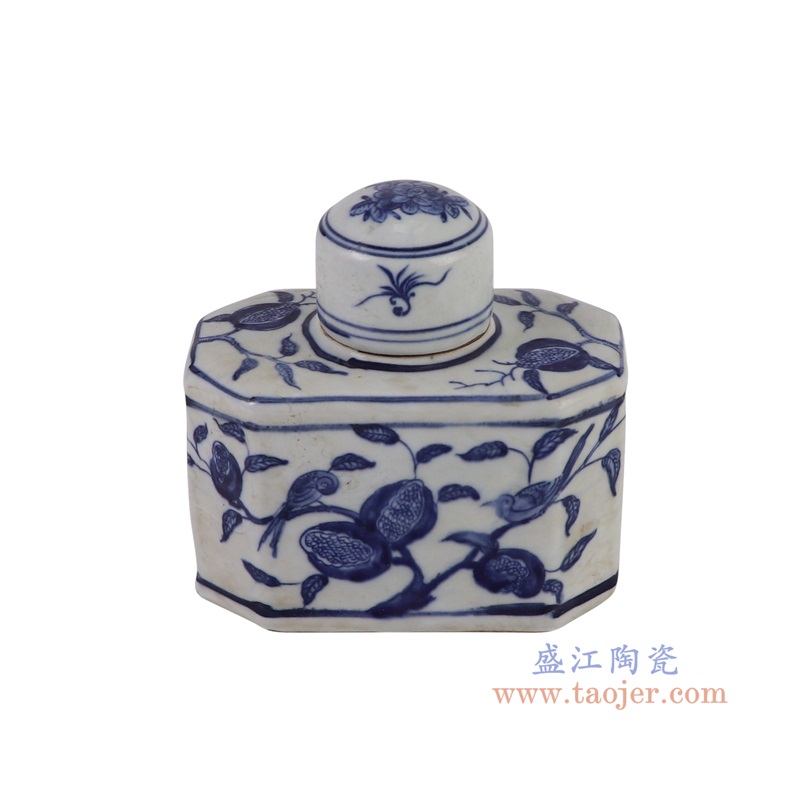 RZKJ19-D青花花鸟八面长方小茶叶罐俯视图