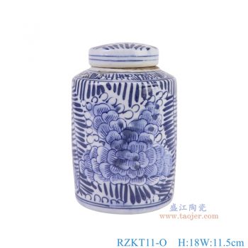 RZKT11-O 青花草叶牡丹纹直筒茶叶罐 高18直径11.5