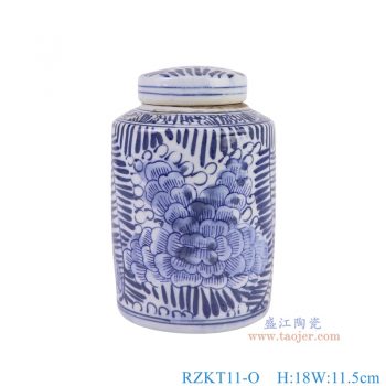 RZKT11-O 青花草叶牡丹纹直筒茶叶罐 高18直径11.5