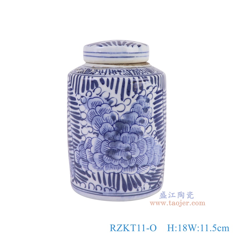 RZKT11-O青花草叶牡丹纹直筒茶叶罐正面图
