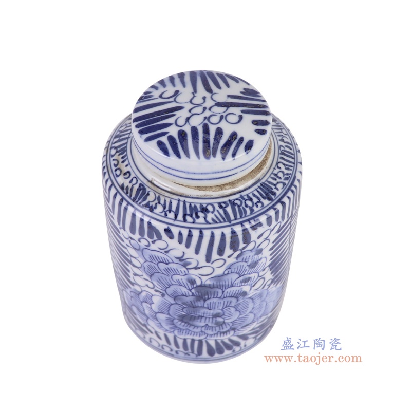 RZKT11-O青花草叶牡丹纹直筒茶叶罐俯视图