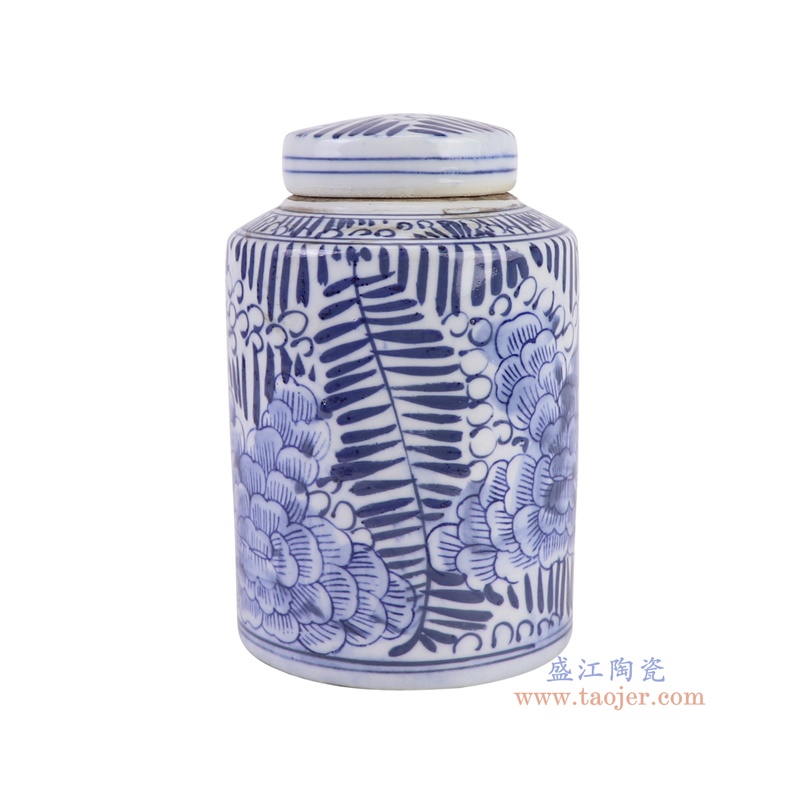 RZKT11-O青花草叶牡丹纹直筒茶叶罐侧面图