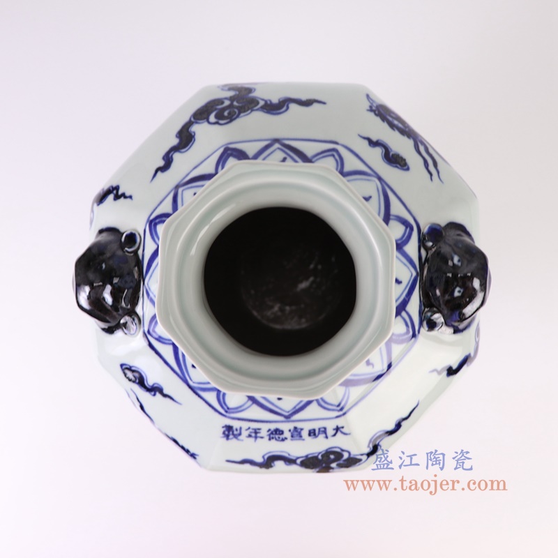 RXBA11青花凤凰纹狮耳八方罐花瓶顶部图