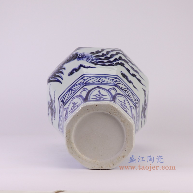 RXBA11青花凤凰纹狮耳八方罐花瓶底部图