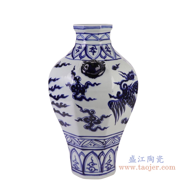 RXBA11青花凤凰纹狮耳八方罐花瓶侧面图
