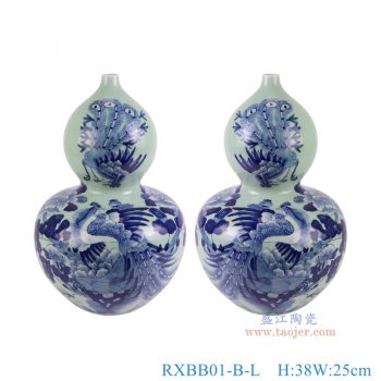 RXBB01-B-L 青花花鸟凤纹葫芦瓶大号一对 高38直径25底径12.7重量3.85KG