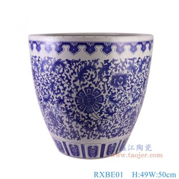 RXBE01 青花缠枝莲大缸鱼缸 高49直径50底径28.7重量20.85KG