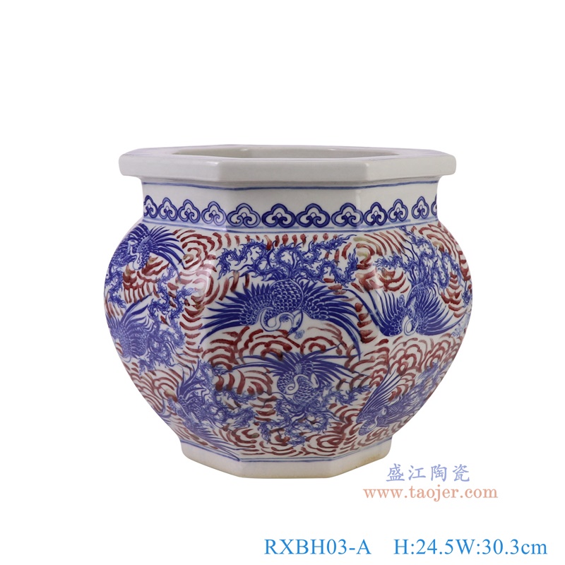 RXBH03-A青花釉里红凤凰纹八方缸正面图