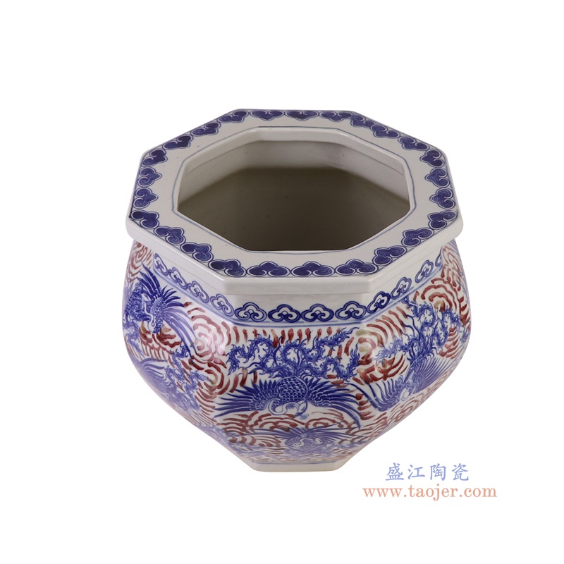 RXBH03-A青花釉里红凤凰纹八方缸俯视图