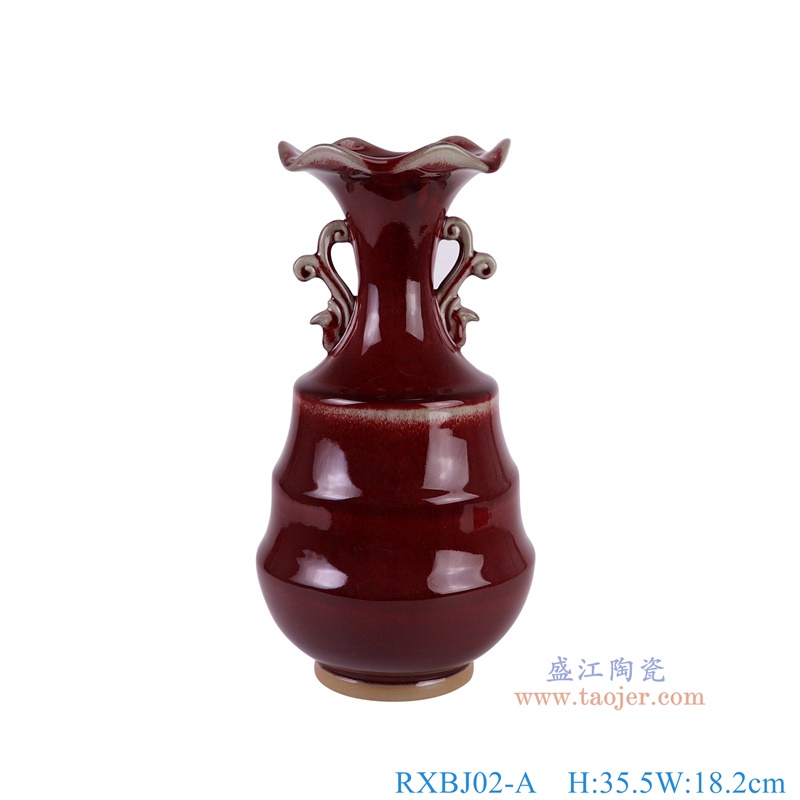 RXBJ02-A钧瓷红色竹节花口双耳瓶正面图