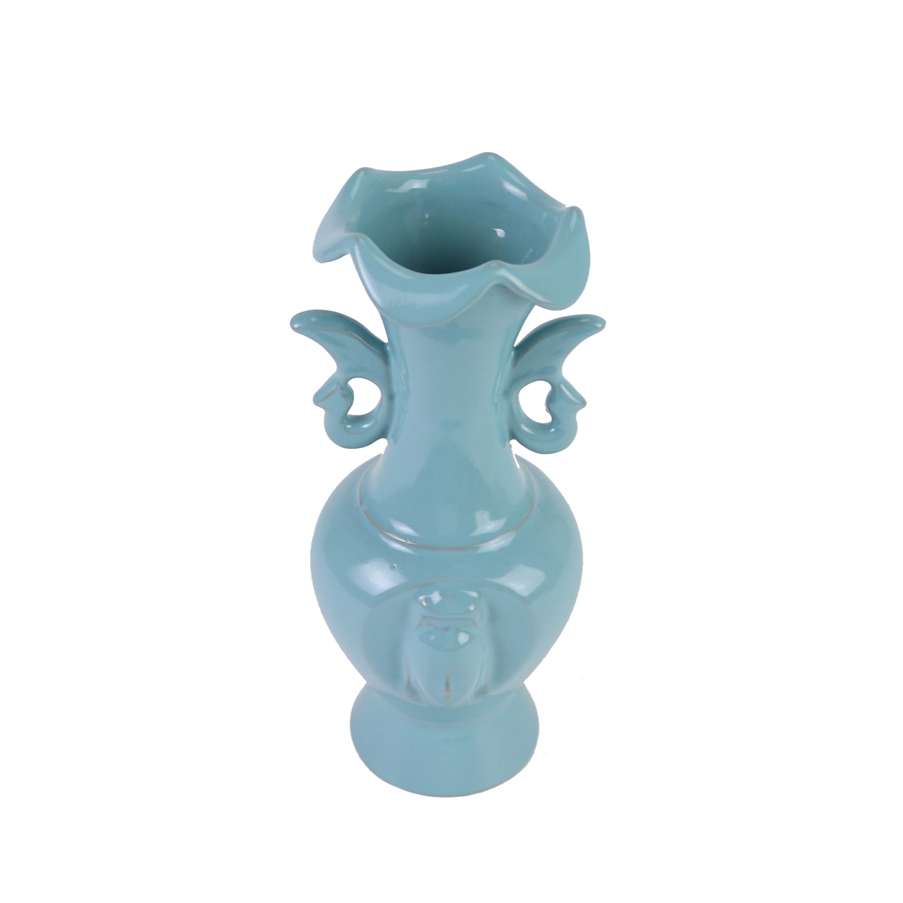 RXBJ09-A青釉雕刻人物双耳花口瓶俯视图