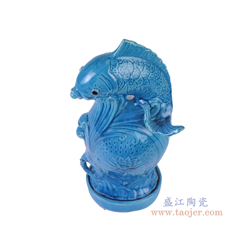 RYJZ20蓝色颜色釉鲤鱼荷花雕塑俯视图
