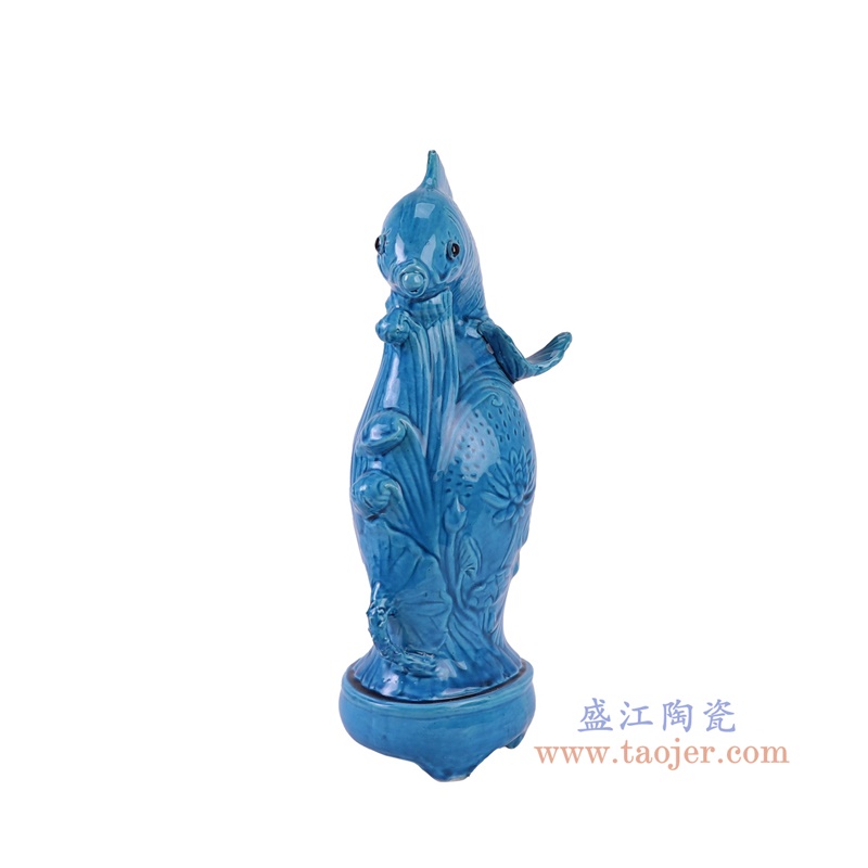RYJZ20蓝色颜色釉鲤鱼荷花雕塑侧面图