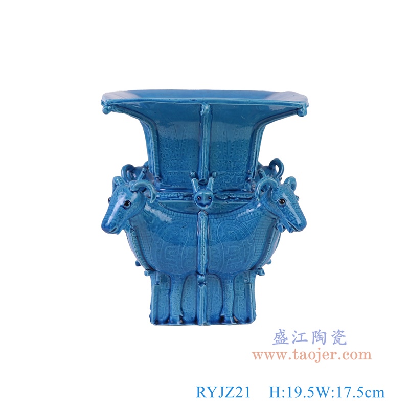 RYJZ21蓝色颜色釉四羊方尊雕塑正面图