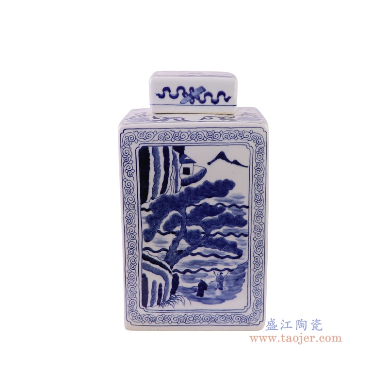 RYQQ10-E青花开窗人物山水四方罐侧面图