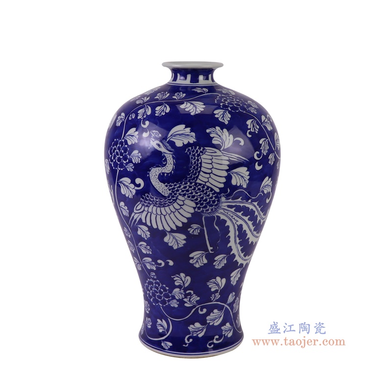 RYWG33-B蓝底青花仙鹤纹梅瓶侧面图