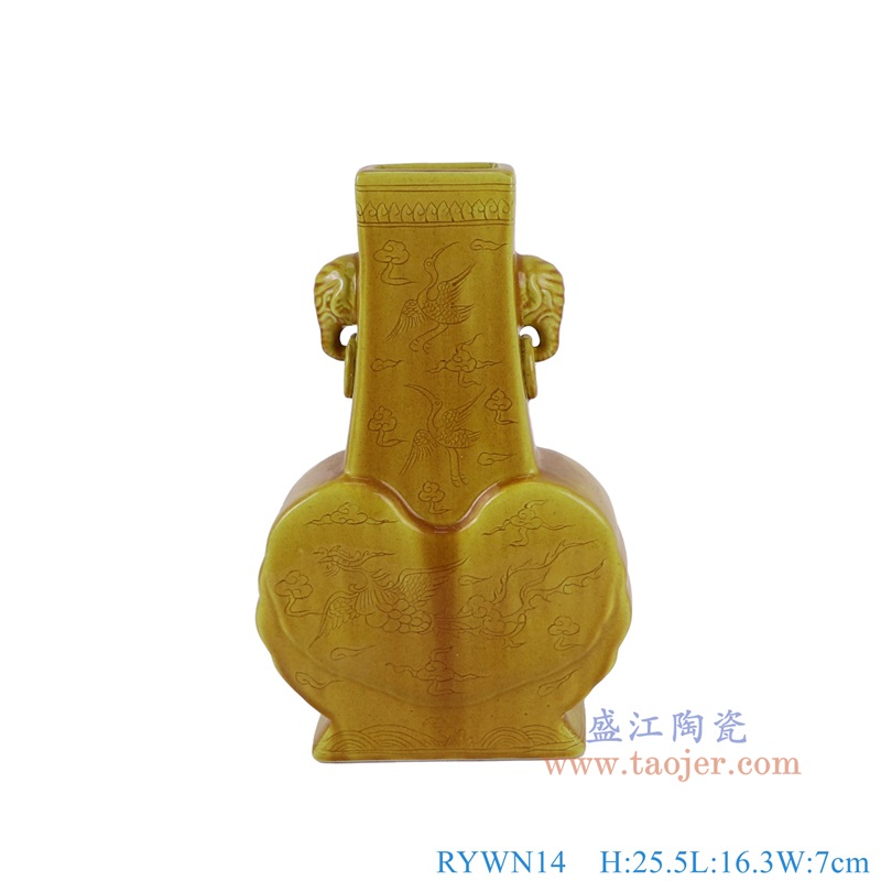 RYWN14霁黄釉雕刻凤纹象耳樽 正面图