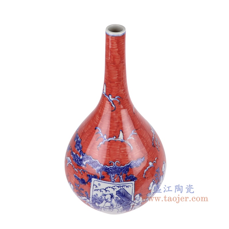 RYYC09-B红底青花人物胆瓶俯视图