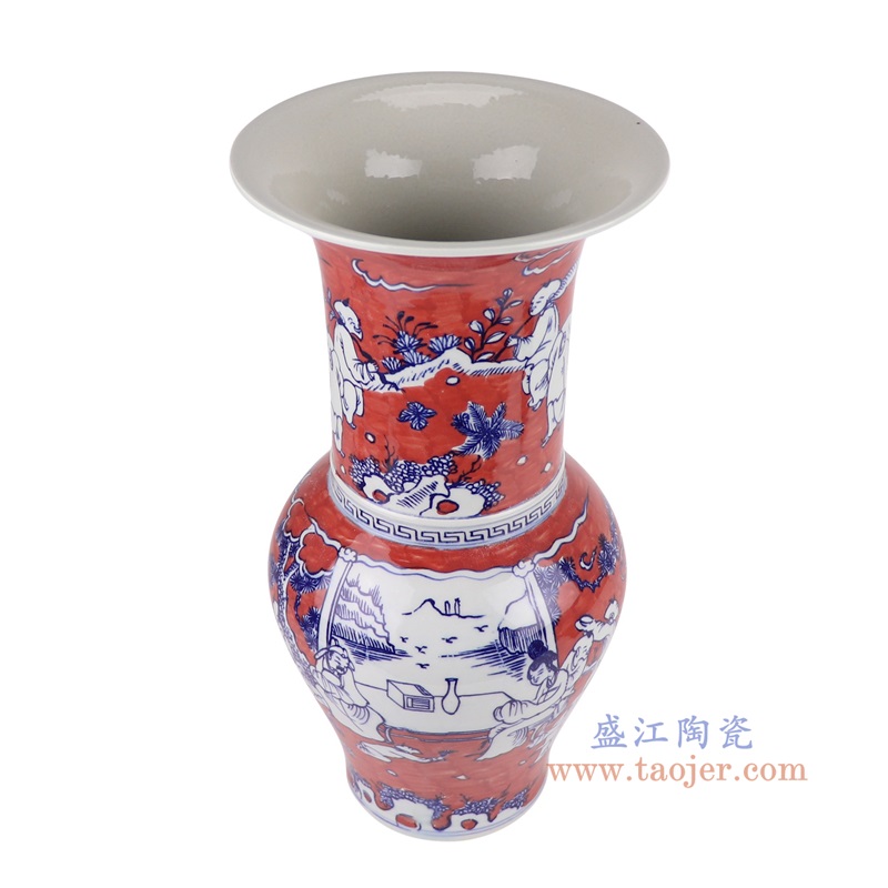 RYYC10-C红底青花童子仕女花觚瓶俯视图