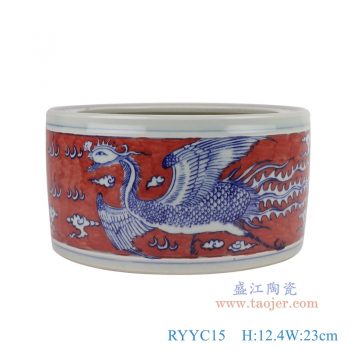 RYYC15 红底青花凤凰纹小缸香炉 高12.4直径23重量2.85KG