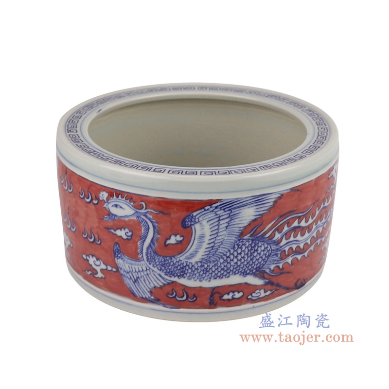 RYYC15红底青花凤凰纹小缸香炉俯视图
