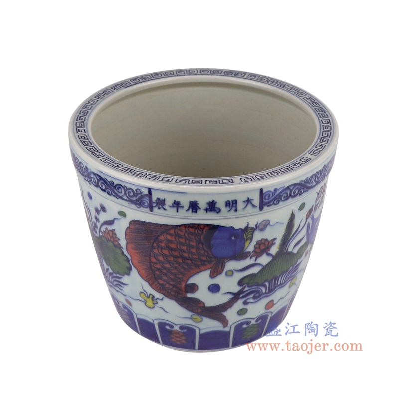 RYYC17-C 青花斗彩鱼藻纹小缸香炉高18.3直径23底径16.5重量2.75KG