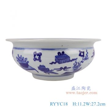 RYYC18 青花博古纹小缸水浅香炉 高11.2直径27.2底径11.8重量2.05KG