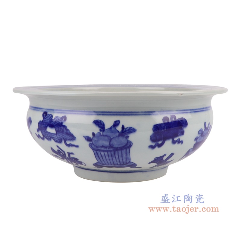 RYYC18青花博古纹小缸水浅香炉侧面图