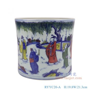 RYYC20-A 青花斗彩人物笔筒小缸 高19.8直径21.3底径19重量3.4KG