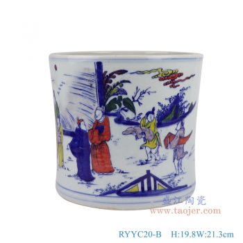 RYYC20-B 青花斗彩人物笔筒小缸 高19.8直径21.3底径19重量3.4KG