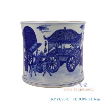 RYYC20-C 青花马车人物笔筒小缸 高19.8直径21.3底径19重量3.4KG