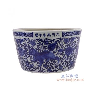 RYYC21-C 青花狮子纹小缸香炉 高15.3直径27底径20重量3.4KG